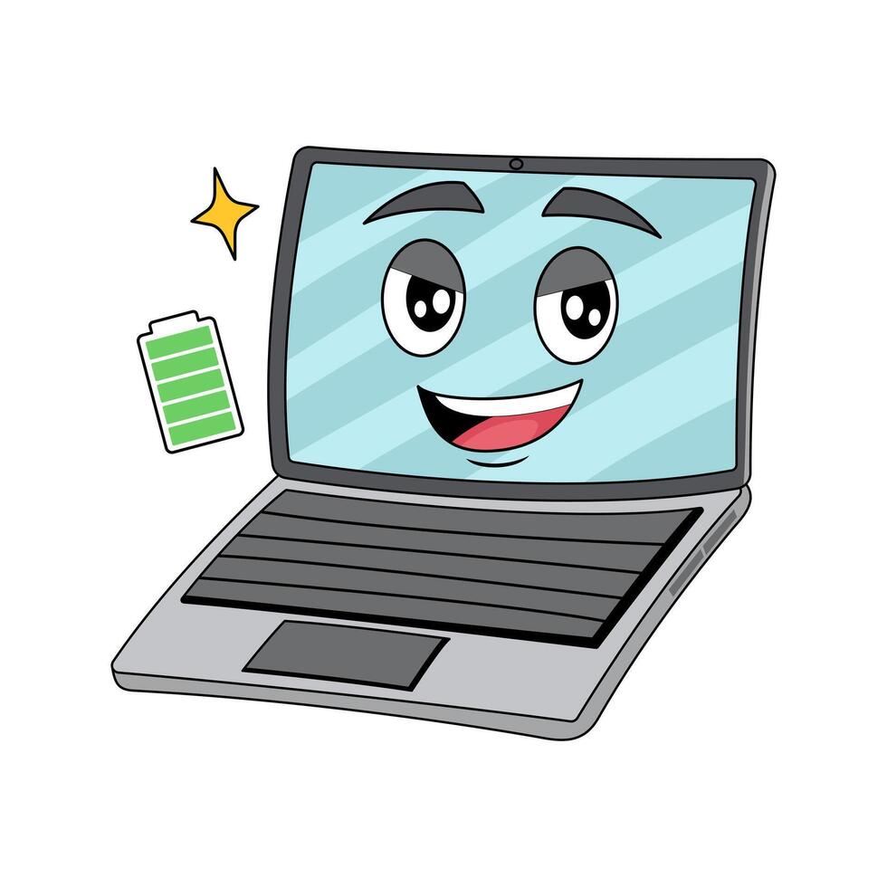 cartoon laptop with expression full battery vector