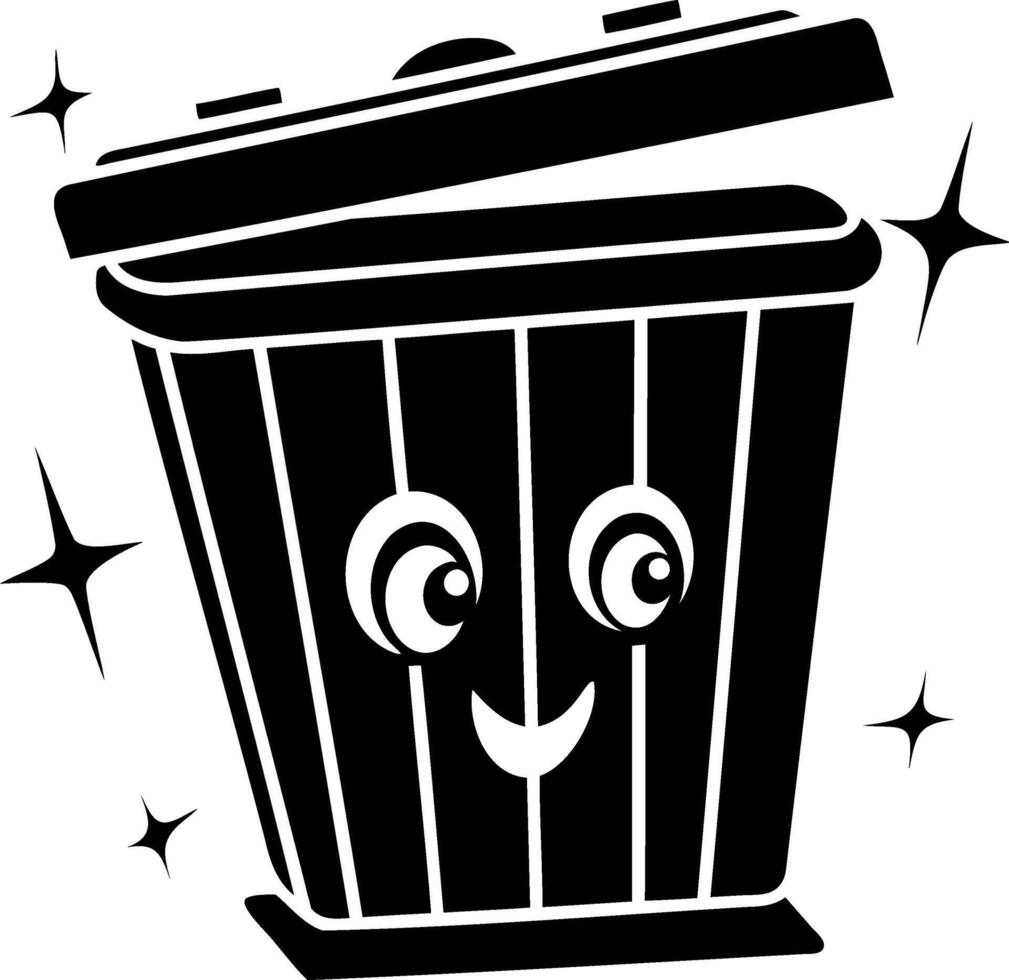 Cute cartoon trash bin can with smiling face and sparkling stars around it, conveying cheerful vibe vector