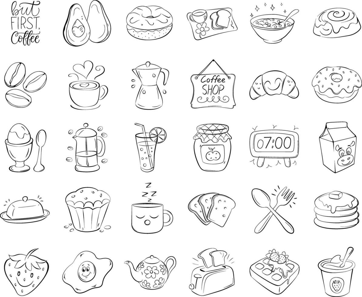 Hand-drawn doodles of coffee, breakfast, and kitchen elements vector