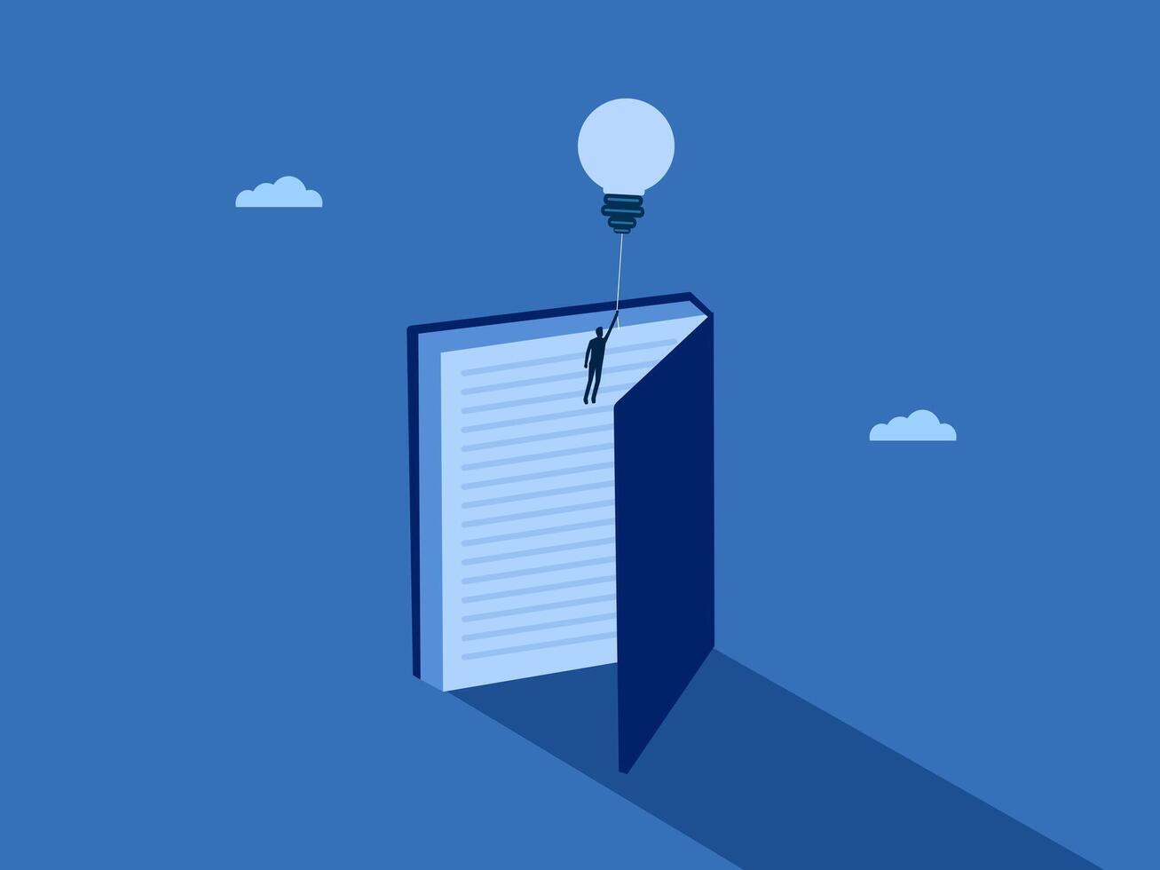 Learn outside the textbook, Businessman flying with a lightbulb balloon out of a textbook vector