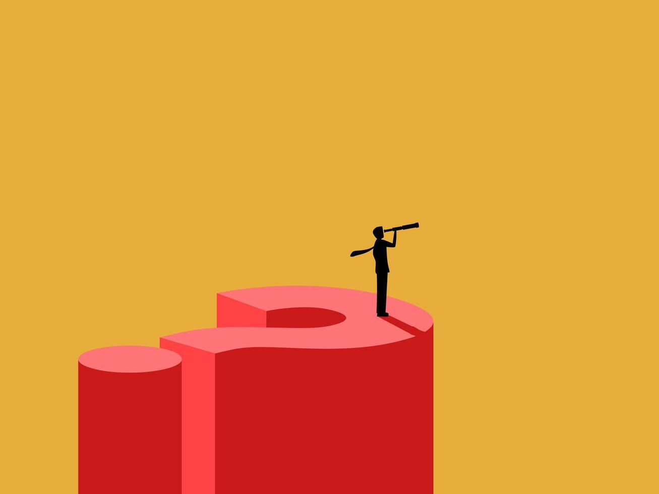 Businessman holding telescope standing on question mark vector