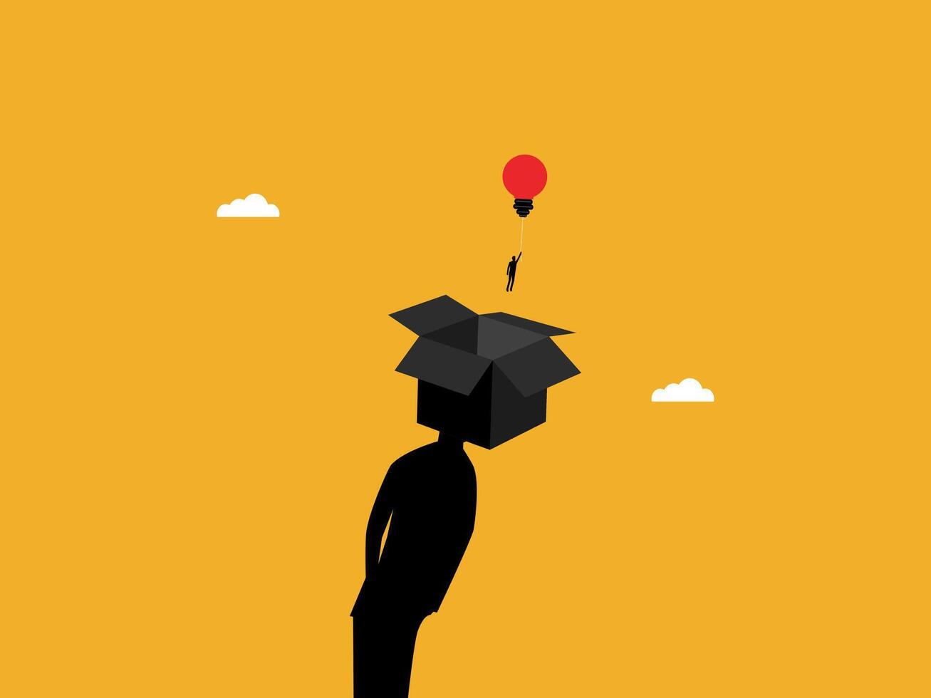 Businessman floating with light bulb balloons out of the human head box vector