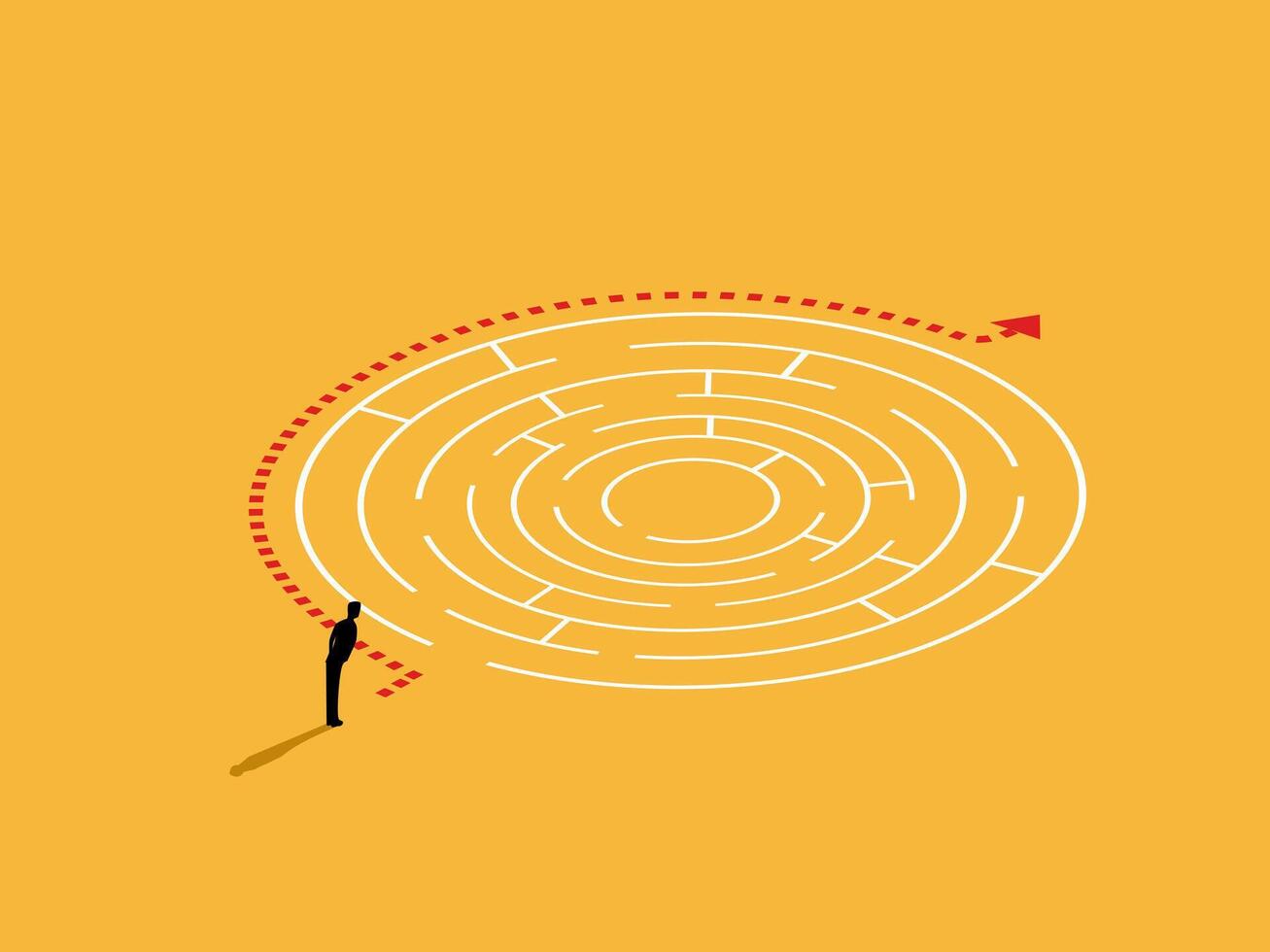 Businessman looks at the simple path to solve the maze puzzle. vector