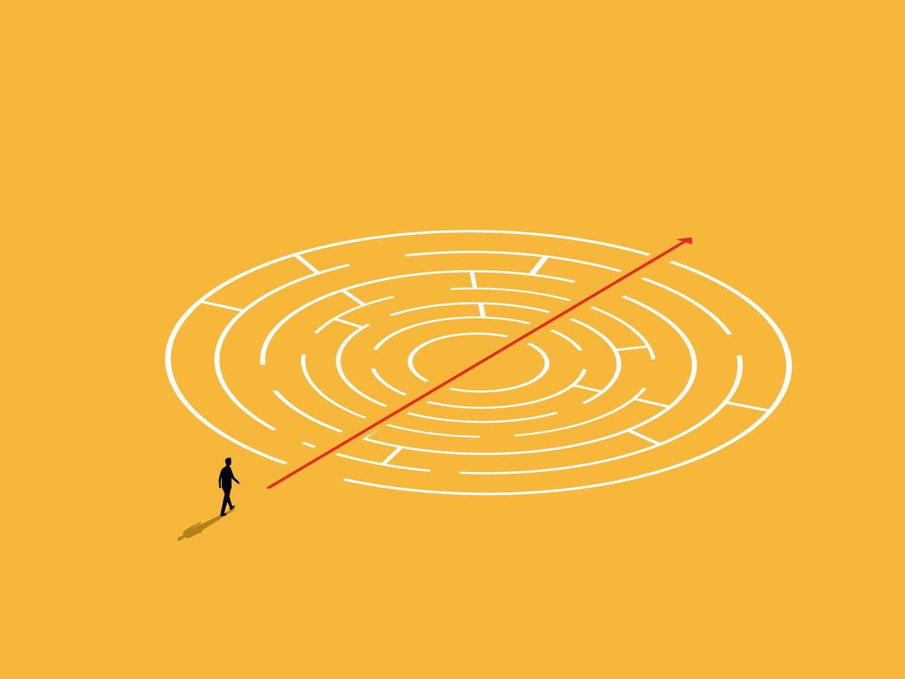 Businessman walks along an arrow pointing to a simple path to solve a maze puzzle vector