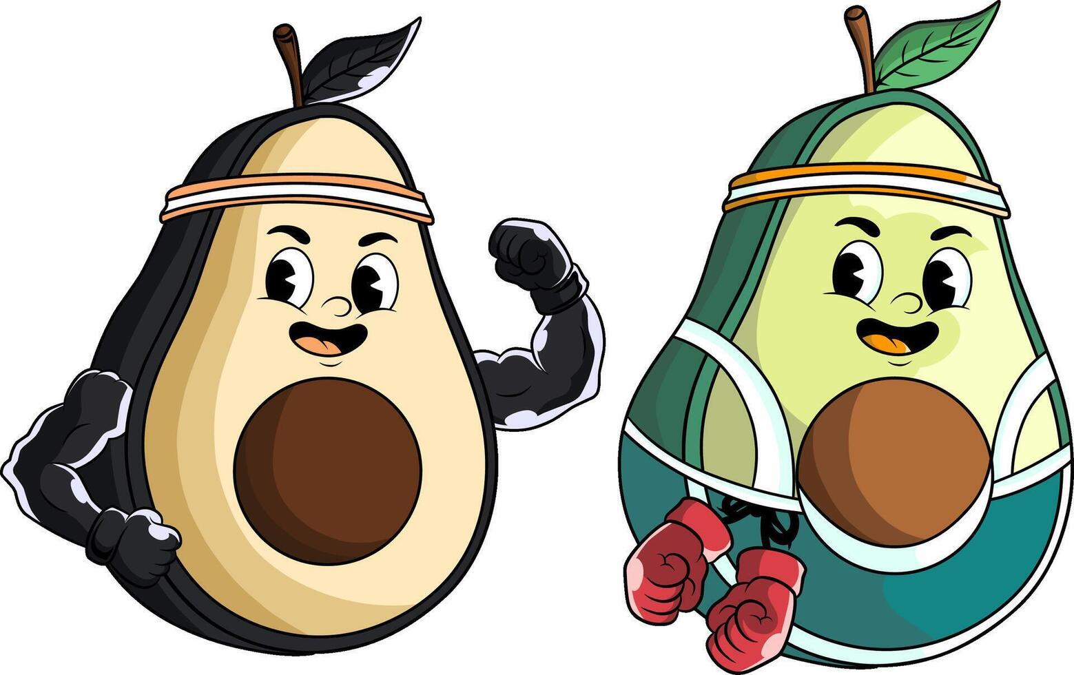 Two cartoon avocado mascots, promoting nutritional value for professional boxers or other sport athlete. One emphasizes strength, the other boxing. vector