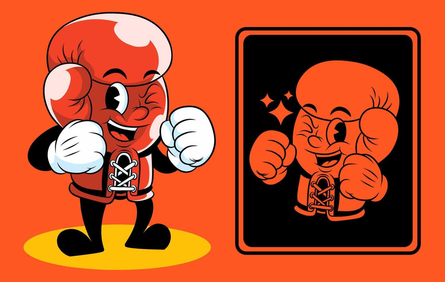 Vintage psychedelic cartoon with a groovy retro boxing glove mascot and label design. vector
