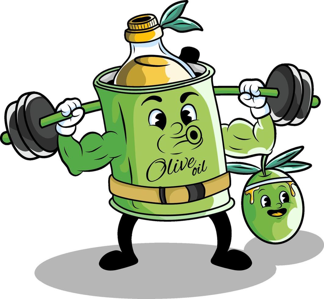 Cartoon mascot of an oil can and an olive fruit posing as a bodybuilder, with an exercise and wellness theme. vector