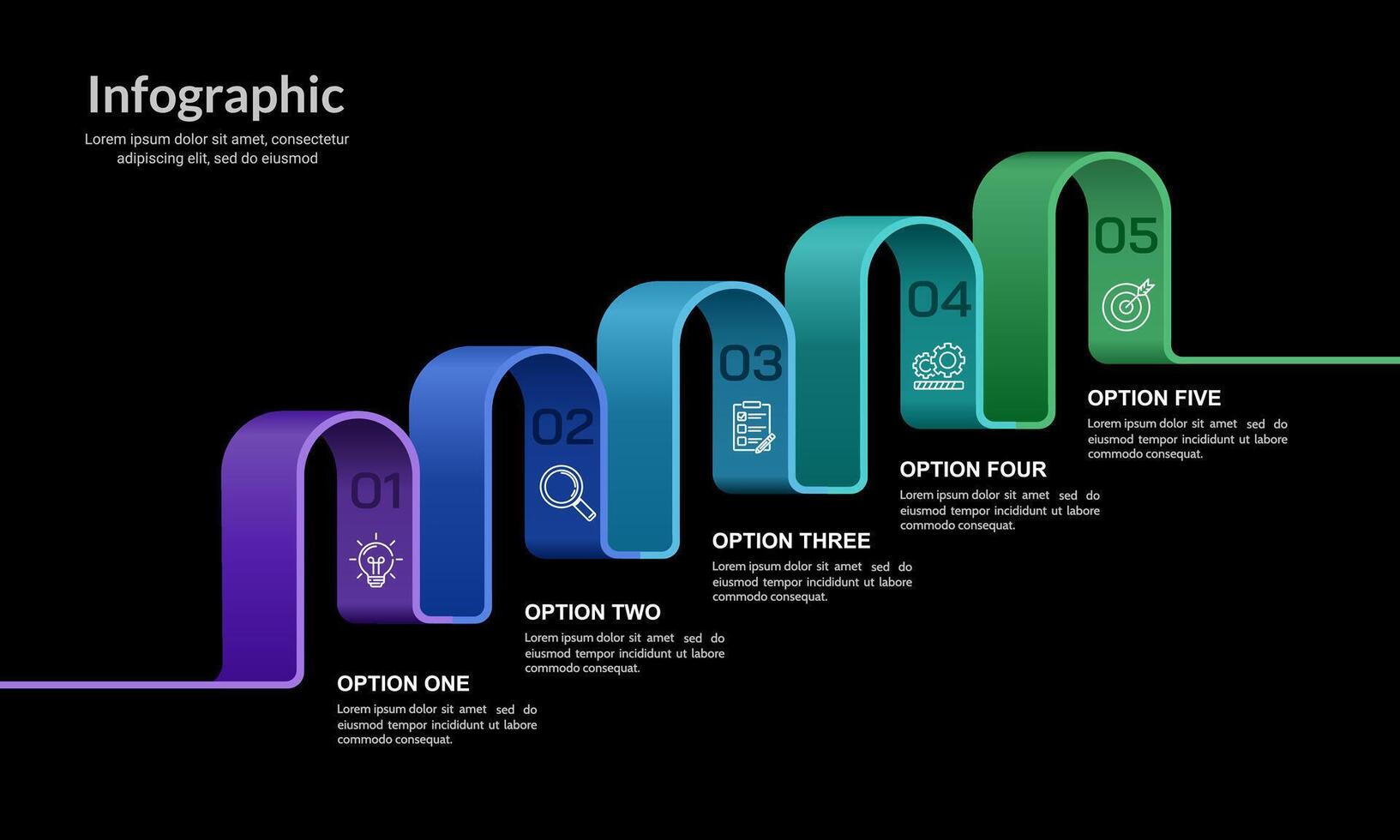 5 Options or steps colorful curved ribbon infographic design on black background. Plan, Presentation, Strategy and Marketing. vector
