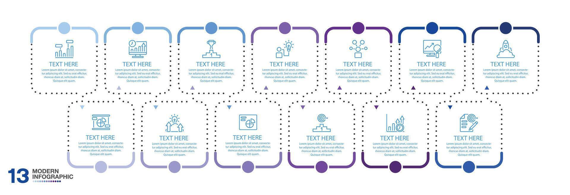 Square infographics design template, with 13 steps or options. Business concept. vector