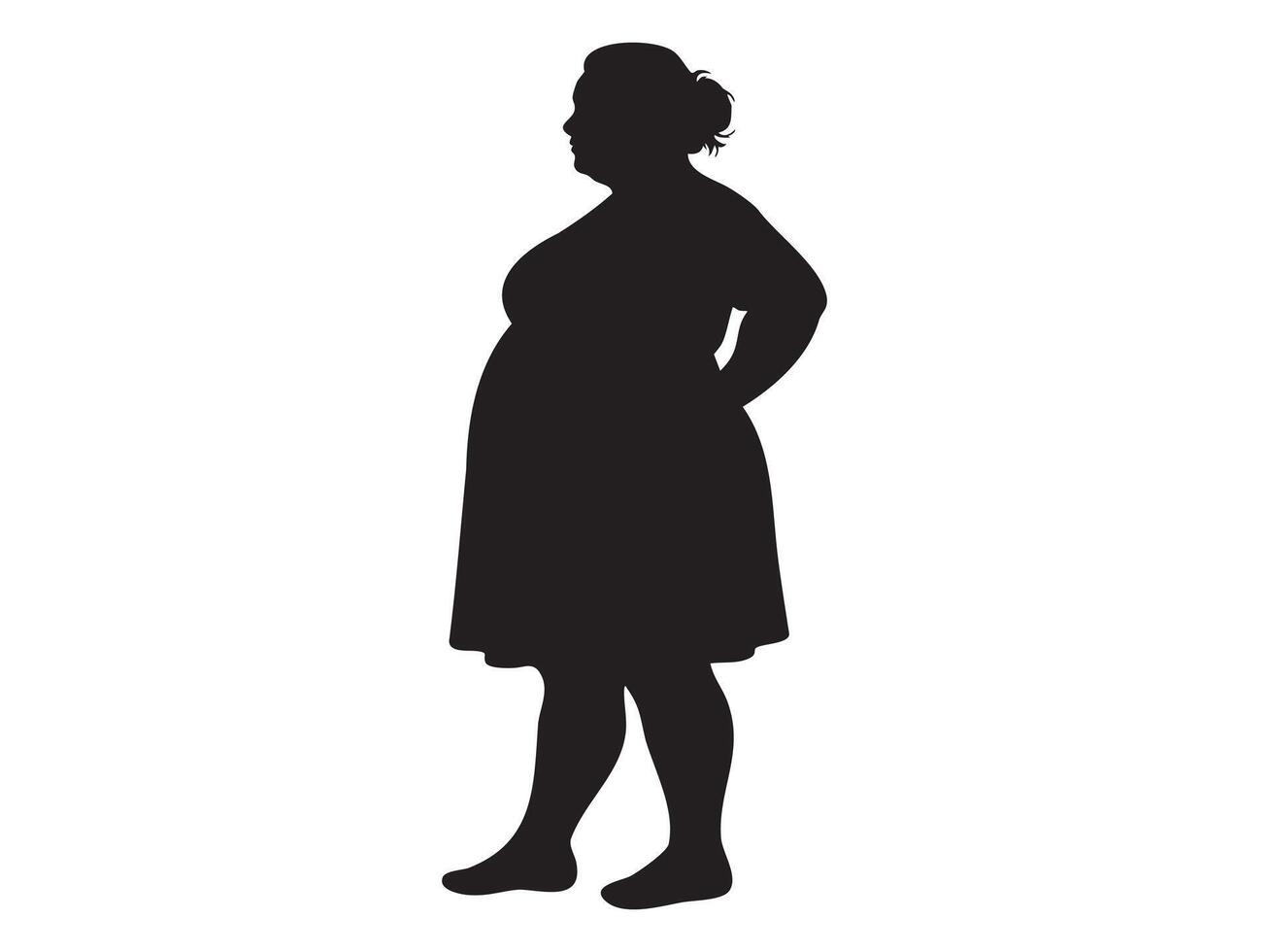 Black silhouette of a plus size middle aged woman in profile standing pose, isolated on white background, illustration. concept of female, person, icon, logo, graphic design element. vector