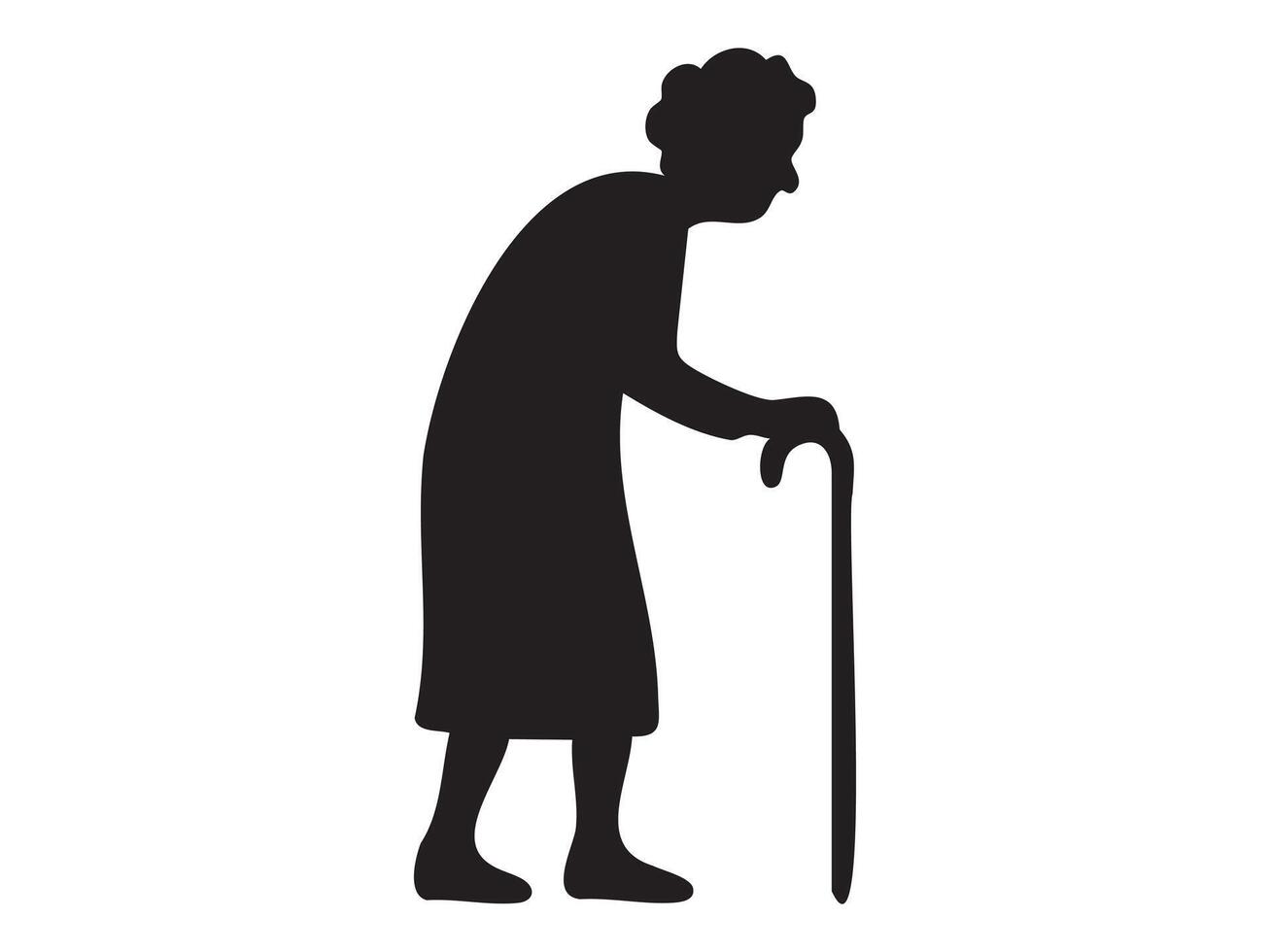 Black silhouette of an elderly woman with a walking stick, isolated on white background vector