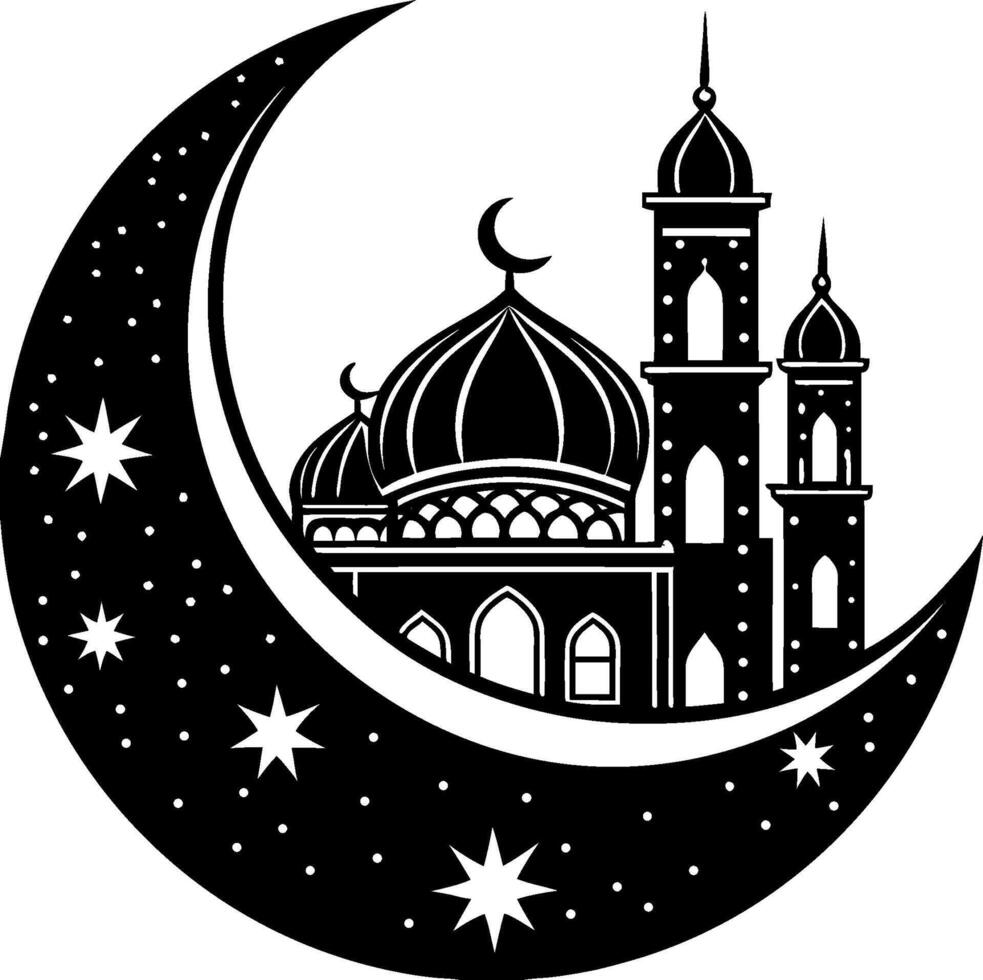 Eid Mubarak Silhouette Bundle Mosque Crescent Moon and Stars vector