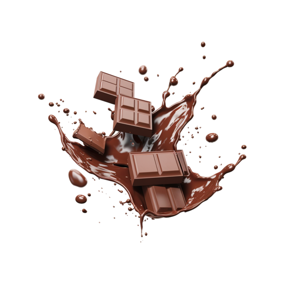 Melted Chocolate with Bar Flying Splash on Transparent Background. png