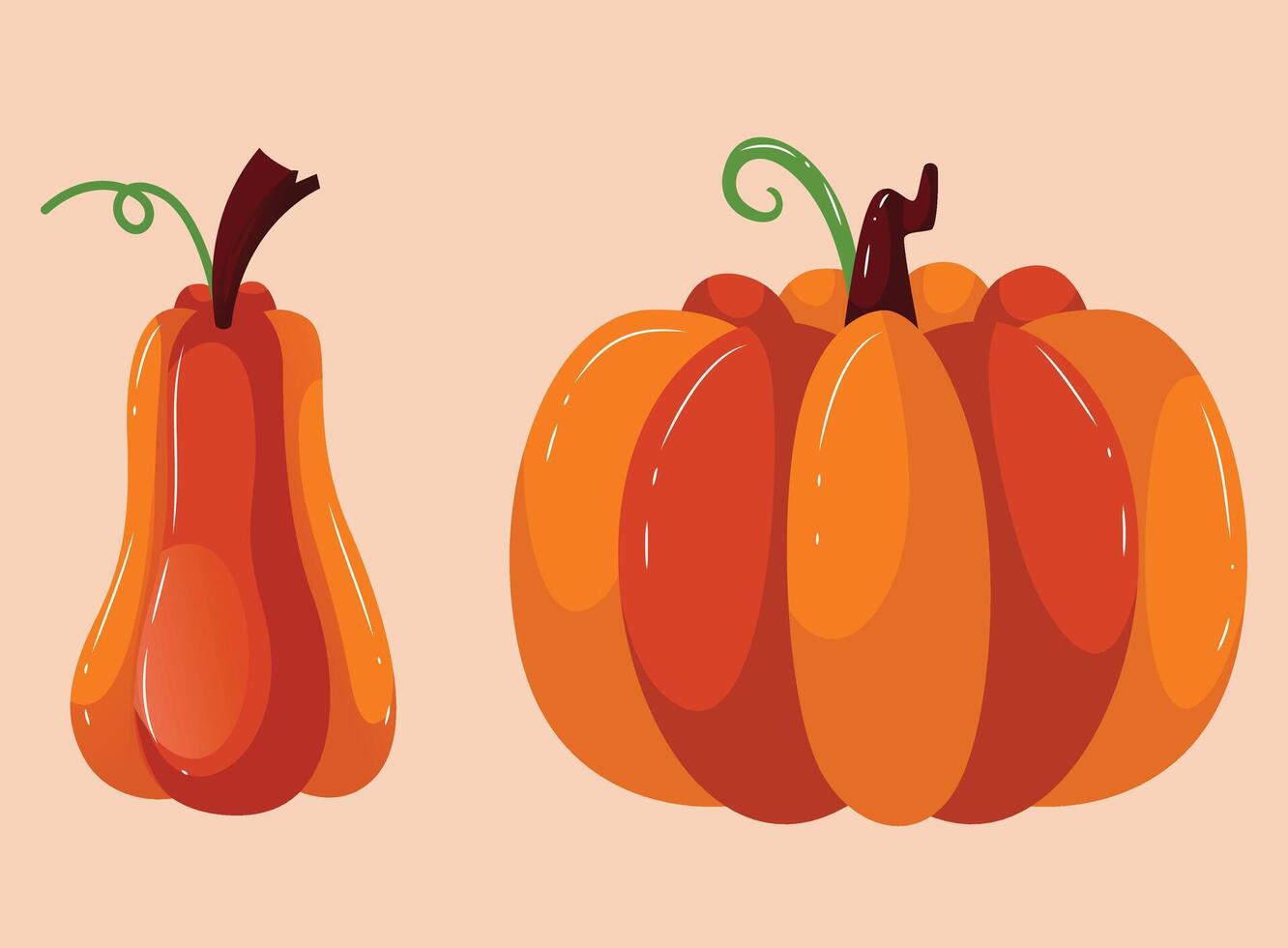 Two pumpkins are shown on a beige background vector