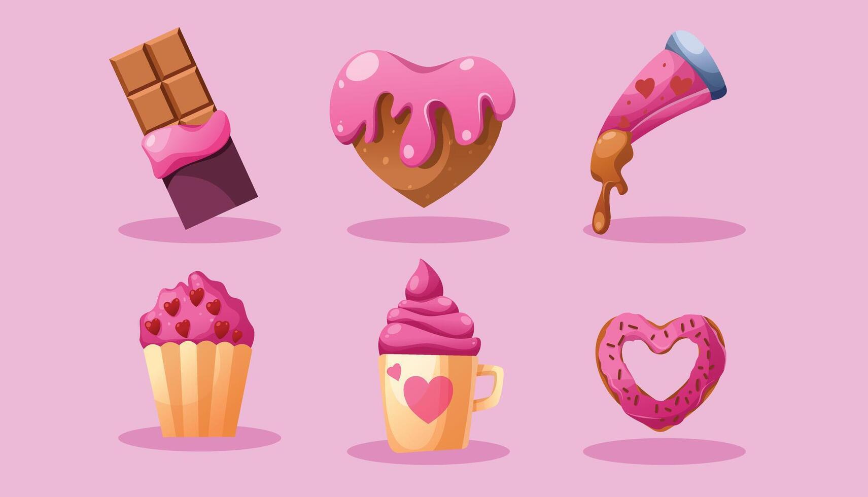 Valentine's day icons set with chocolate, donuts, and other sweets vector