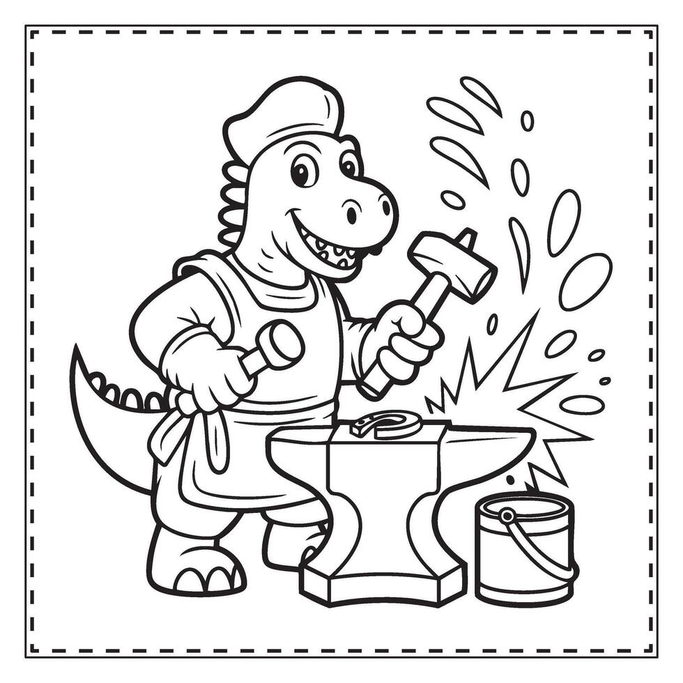 Cute Cartoon Blacksmith Dinosaur Coloring Page Printable Smithy-Themed Prehistoric Activity for Kids vector