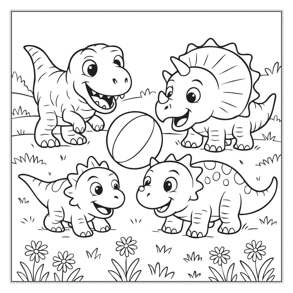 Cute Cartoon Dinosaurs Playing Coloring Book Pages for Kids vector