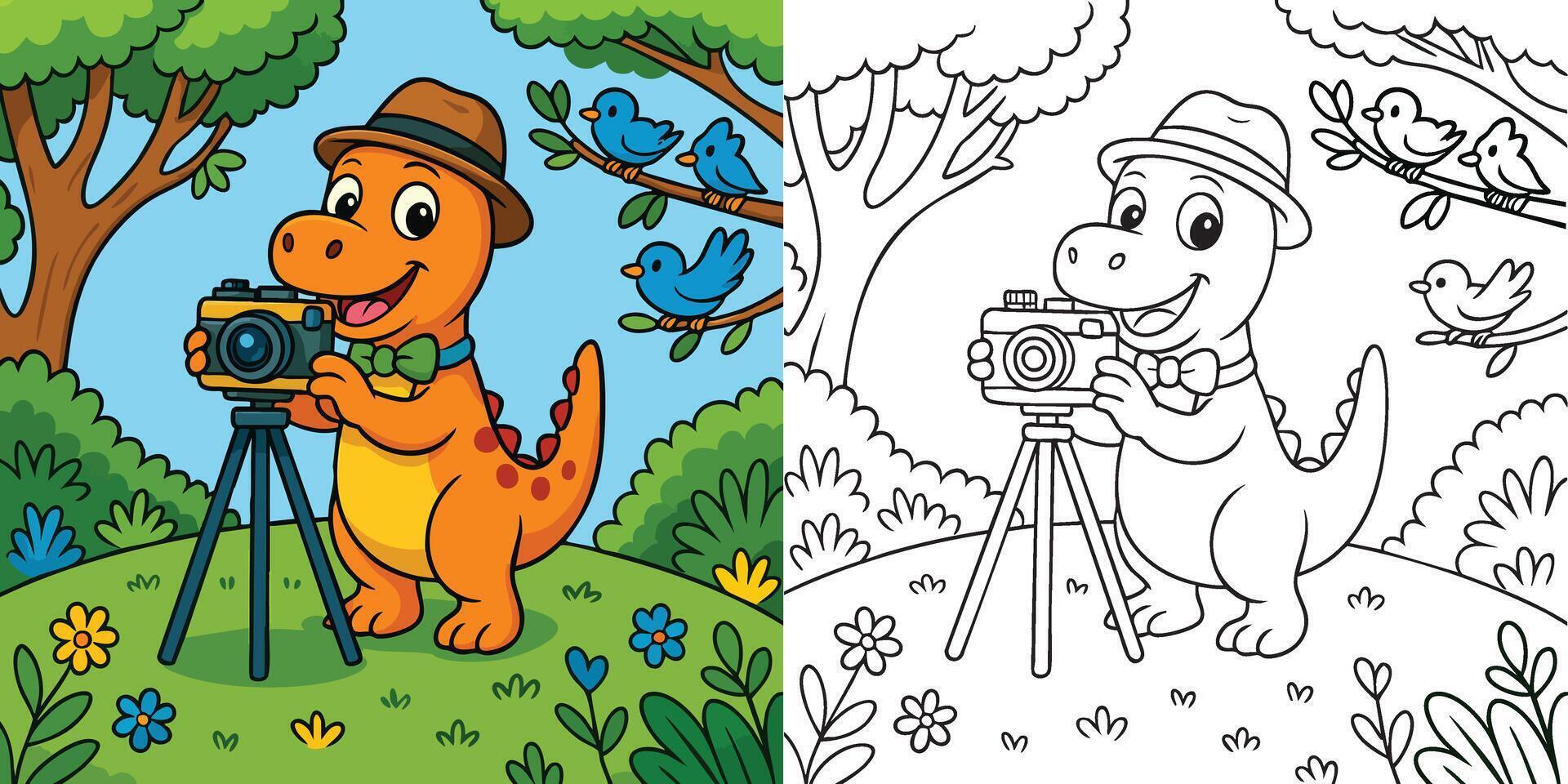 Colorful Cartoon Dinosaur Photographer Scene Fun Printable Activity with Outline and Full-Color for Kids vector