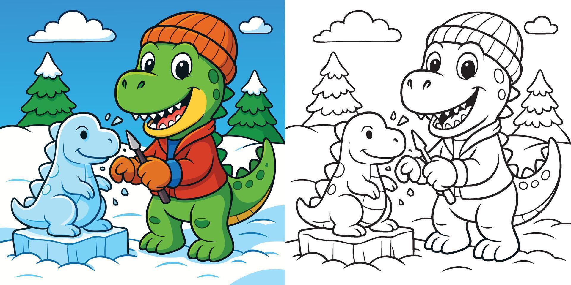 Cute Cartoon Dinosaur Ice Sculptor Coloring Page Winter-Themed Black and White Line Art for Kids vector