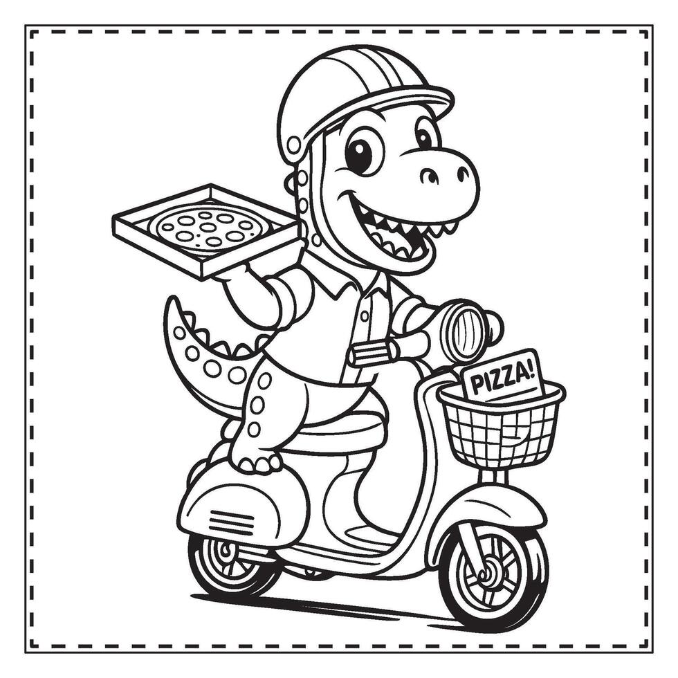 Cartoon Dinosaur Pizza Delivery Coloring Page Fun Printable Activity for Kids Who Love Dinosaurs and Scooters vector