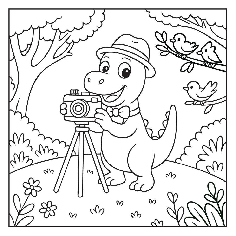 Dinosaur Photographer Coloring Page Printable Black and White Outline Activity for Kids vector
