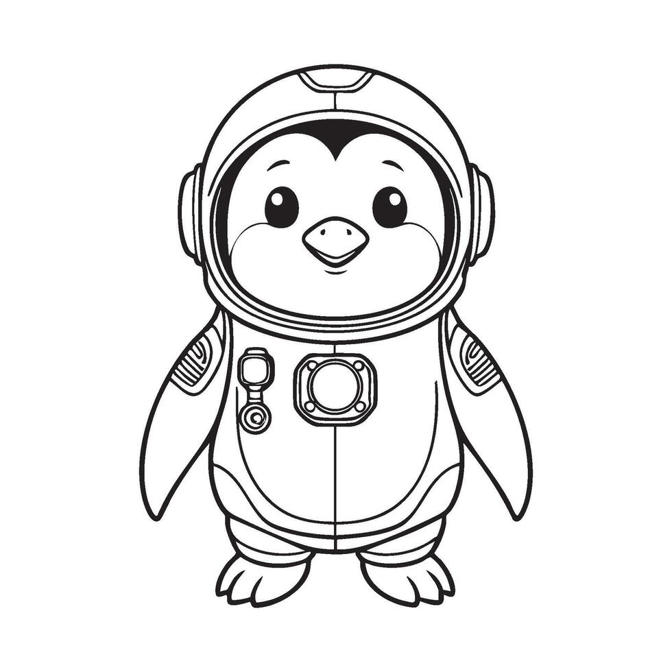 Adorable Astronaut Penguin Coloring Page Printable Space-Themed Animal Activity for Kids vector
