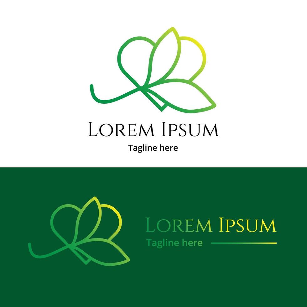Abstract heart and leaf line art logo with dummy text on white and green background. vector