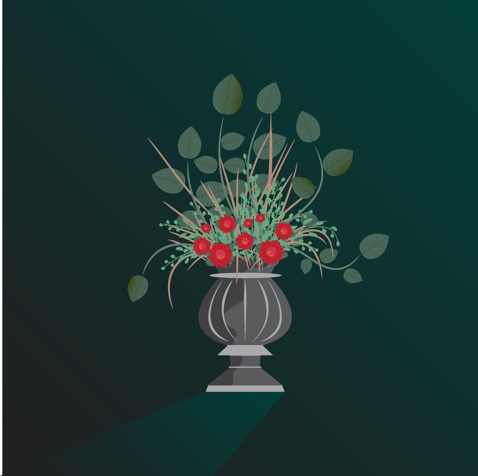 Flower vase with decorated indoor flower on dark background. vector