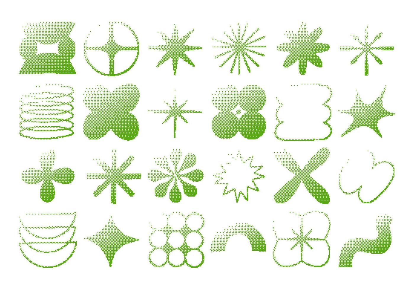 Green Pixel Gradient Halftone Shape. A collection of 24 abstract pixel gradient halftone shapes in green tones including stars blobs flowers. Perfect for UI design visual overlays and modern graphic vector