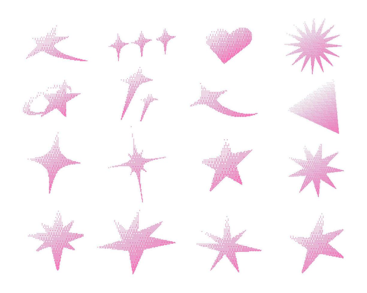 Pixel Gradient Halftone Shape Collection. A complete collection of pixel gradient halftone elements including stars sparkles heart and abstract shapes in soft pink tones and more vector
