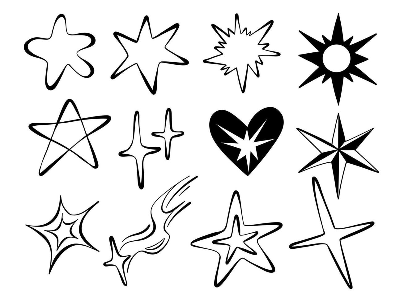 Hand Drawn Starburst and Spark Element. A dynamic collection of twelve hand drawn elements featuring stars sparkles bursts hearts and comets in bold outline perfect for retro visuals pop vector