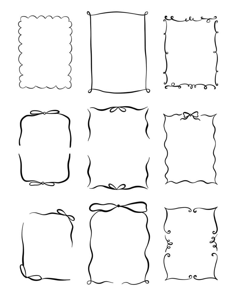 Hand Drawn Ribbon and Swirl Frame. A set of 9 hand drawn frames featuring ribbon bows wavy lines scallops and swirl accents in elegant and playful styles. Perfect for decorative border designs vector