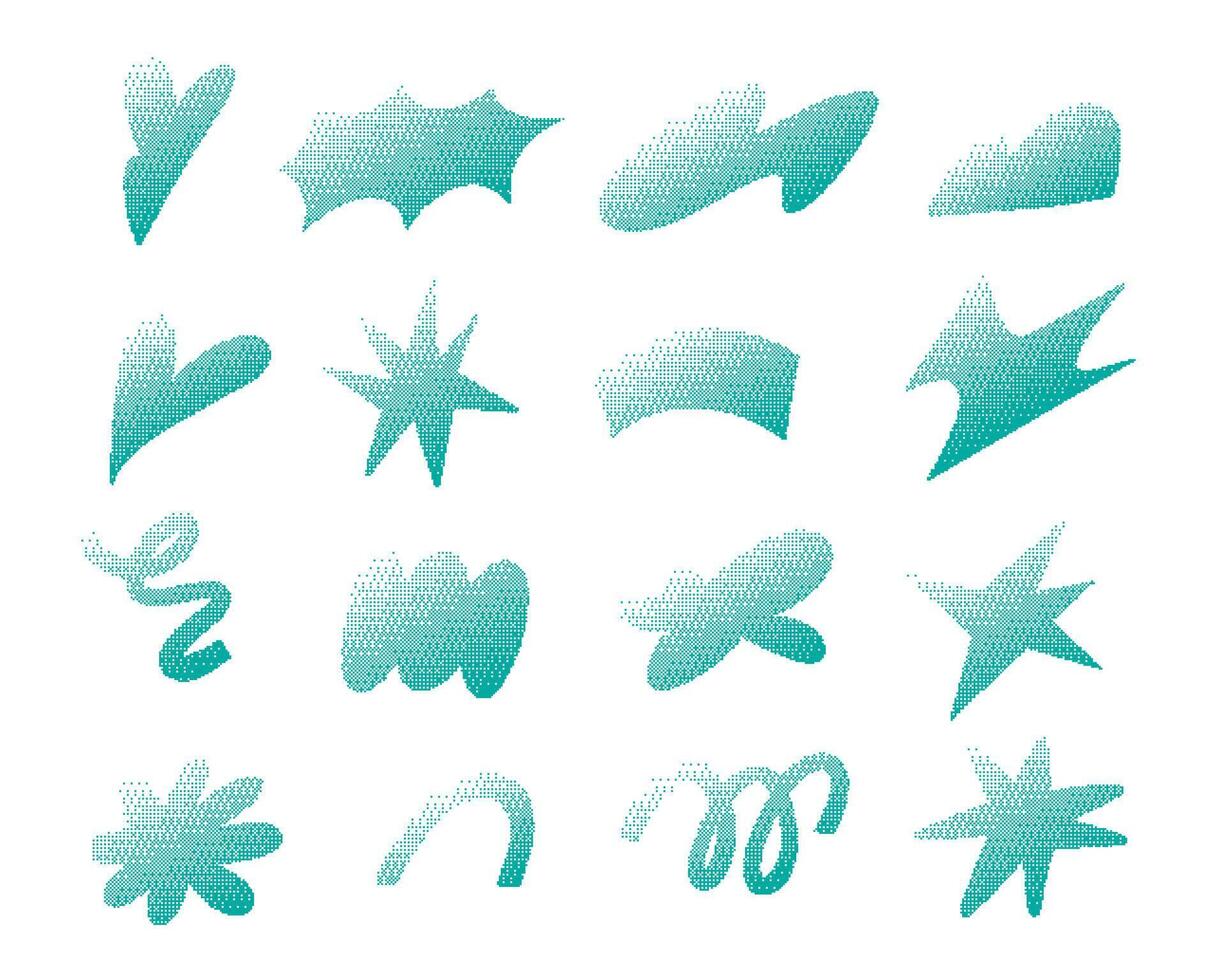 Teal Pixel Gradient Abstract Shape. A complete collection of 16 abstract halftone shapes in teal pixel gradient including stars hearts curves splashes and brush. Perfect for digital design UI overlays vector