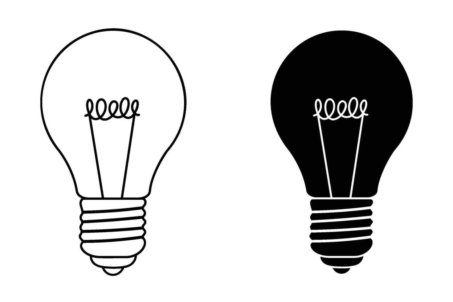Lamp bulb icon hand drawn set. Outline and black silhouette isolated on white background. vector