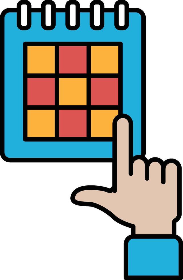A hand pointing at a calendar with a red and orange square on it vector