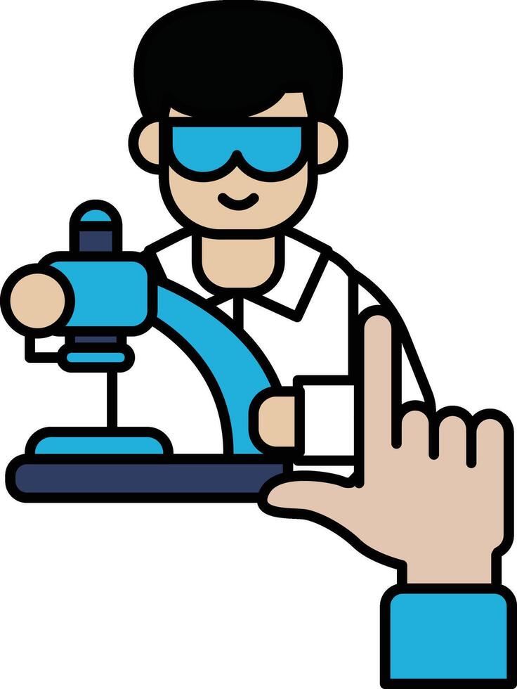 A man in a lab coat is holding a microscope and pointing to it vector