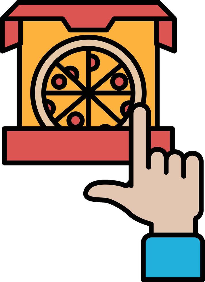 A hand pointing to a pizza box with a pizza inside vector