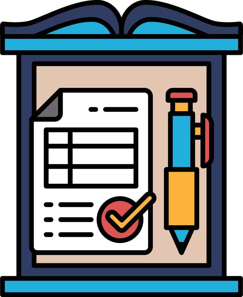 A blue and white sign with a pen and a check mark on it vector