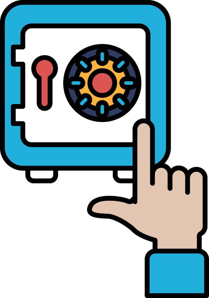 A hand pointing to a blue safe with a red knob vector