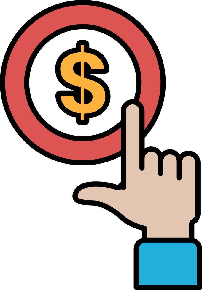 A hand pointing to a red circle with a dollar sign in the middle vector