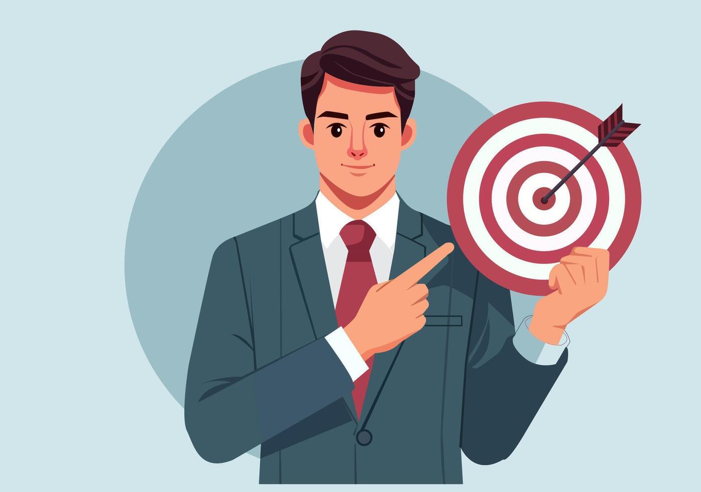 A businessman points at an arrow target, indicating success or a clear goal. vector