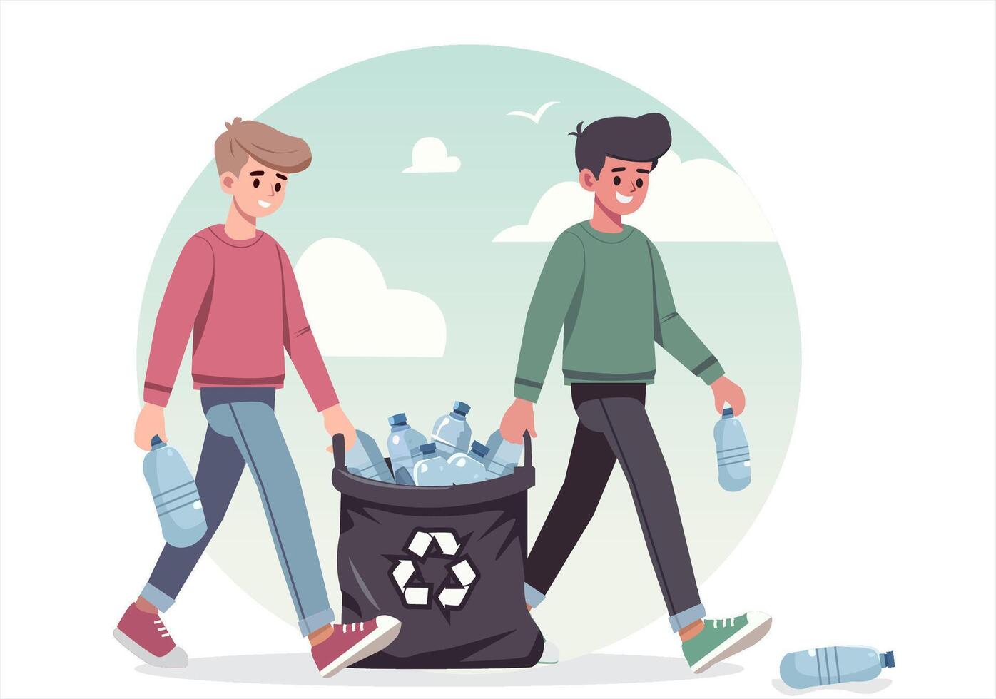 Two boys volunteer to collect recycled bottles. vector