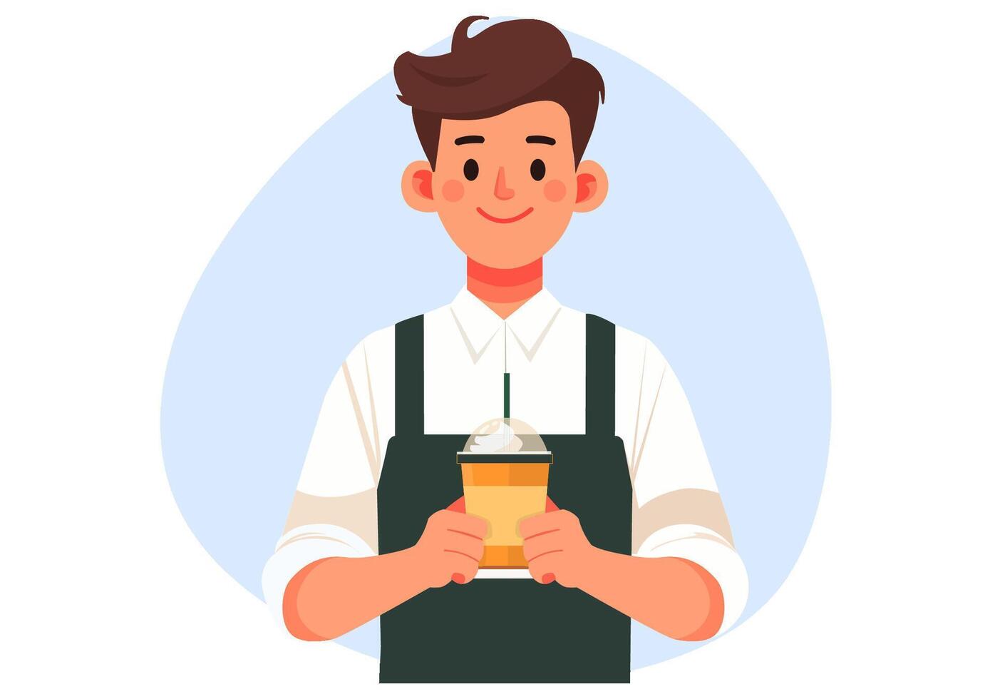 A male waiter serves coffee to customers. vector