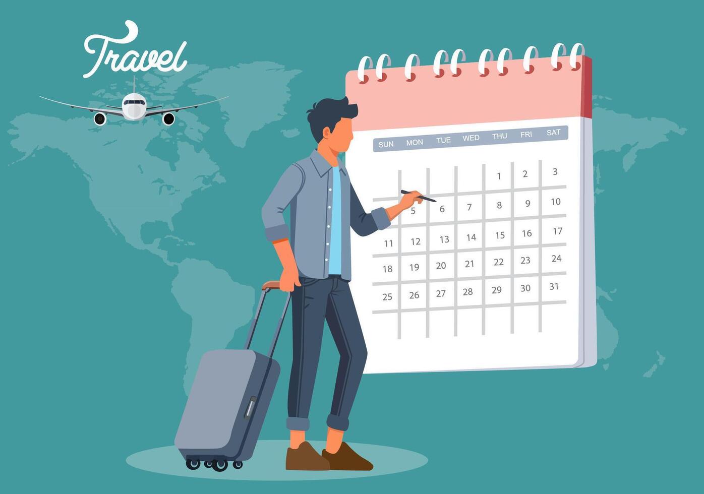A man carries a suitcase and writes down the travel dates on a calendar. vector