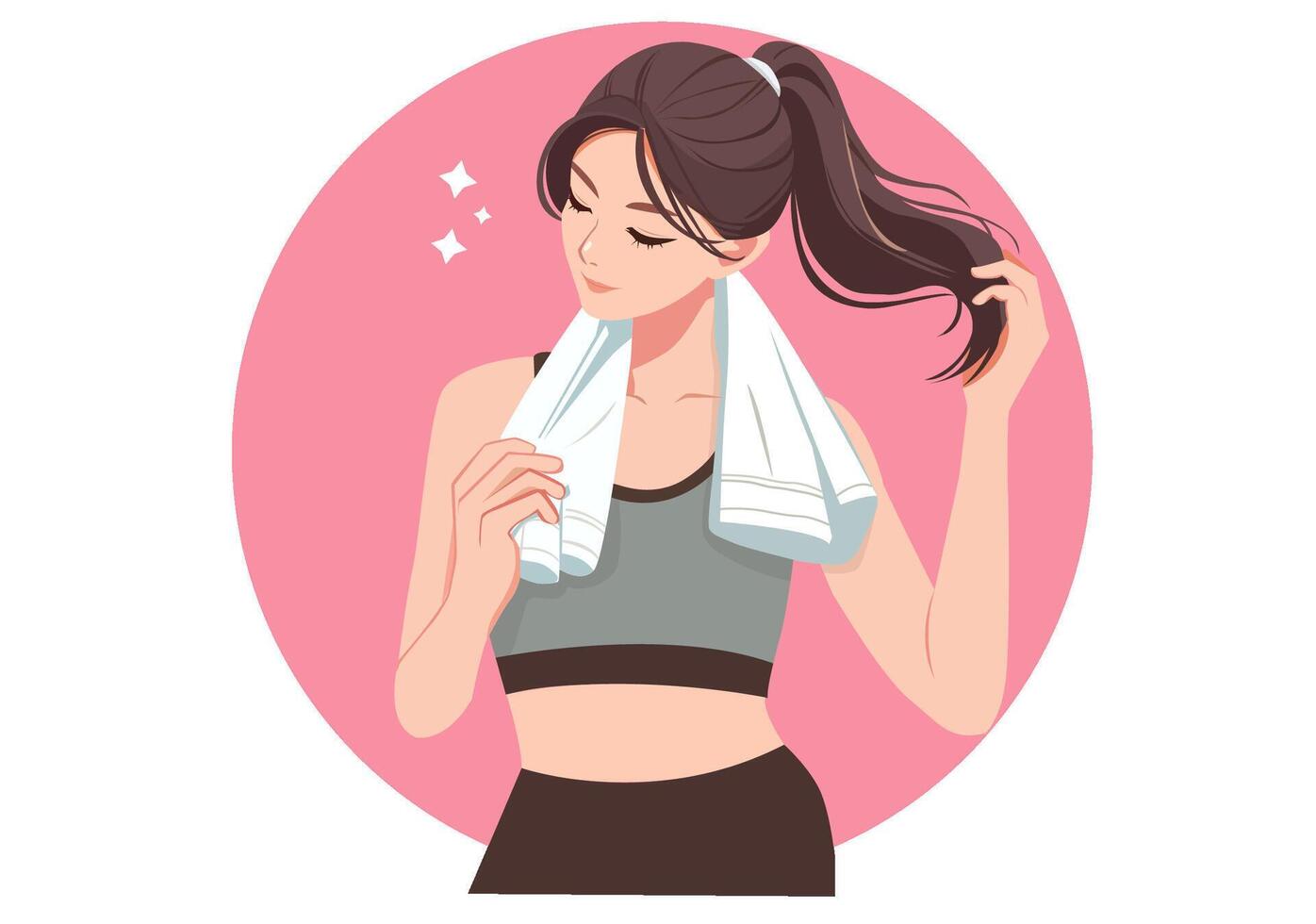 A woman in workout clothes and a towel around her neck is wiping away sweat after a workout. vector