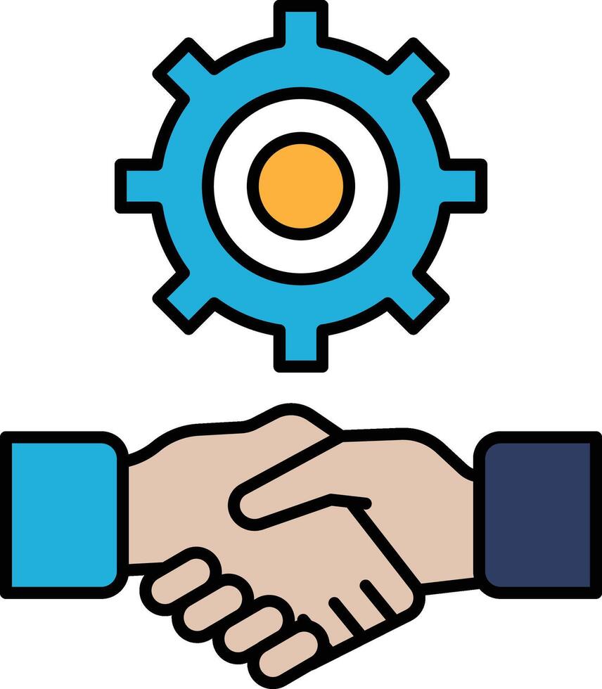 A blue and orange gear with a handshake symbol in the middle vector