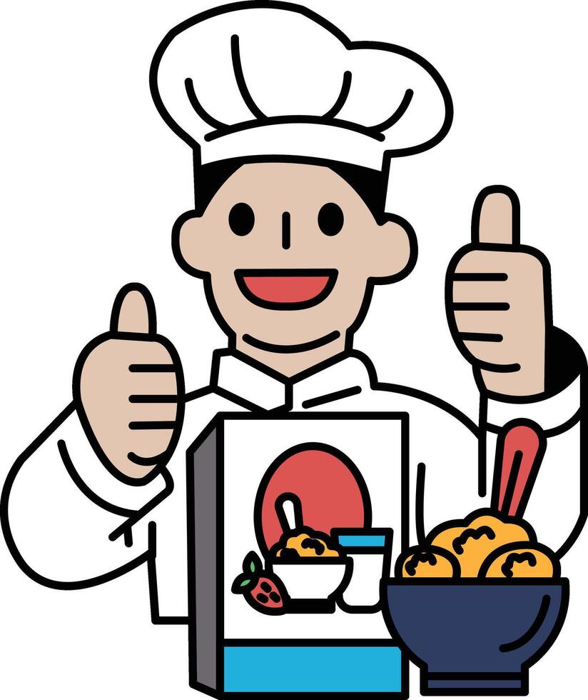 A cartoon chef is giving thumbs up to a box of cereal and a bowl of cereal vector