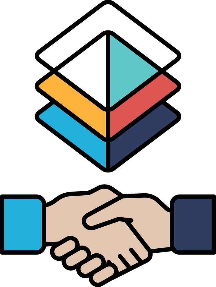 A hand shaking another hand with a logo in the background vector