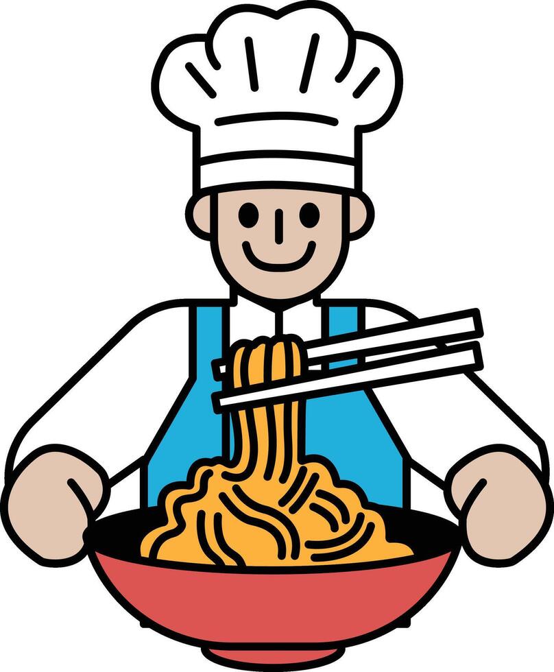 A cartoon chef is holding a bowl of noodles and smiling vector