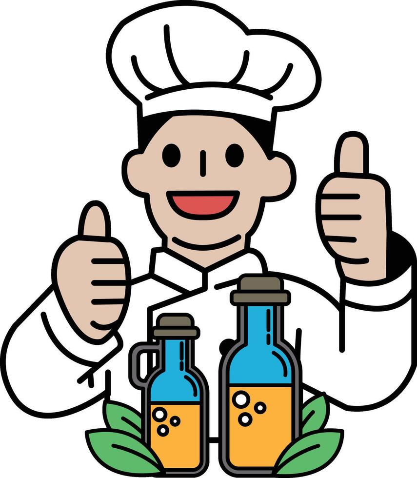 A chef is giving thumbs up to a bottle of orange juice vector